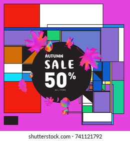 Autumn sale memphis style web banner. Fashion and travel discount poster. Vector holiday Abstract colorful illustration with special offer and promotion.