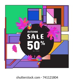 Autumn sale memphis style web banner. Fashion and travel discount poster. Vector holiday Abstract colorful illustration with special offer and promotion.