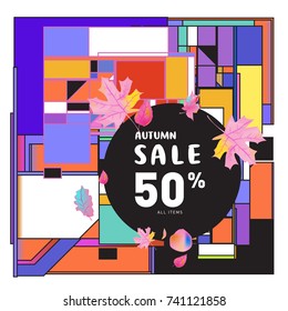 Autumn sale memphis style web banner. Fashion and travel discount poster. Vector holiday Abstract colorful illustration with special offer and promotion.