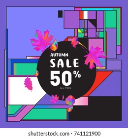 Autumn sale memphis style web banner. Fashion and travel discount poster. Vector holiday Abstract colorful illustration with special offer and promotion.