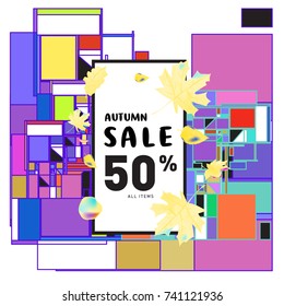 Autumn sale memphis style web banner. Fashion and travel discount poster. Vector holiday Abstract colorful illustration with special offer and promotion.