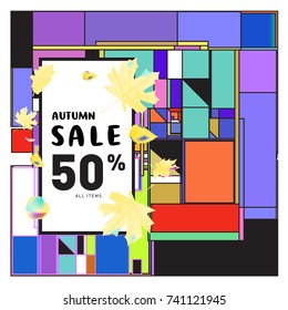 Autumn sale memphis style web banner. Fashion and travel discount poster. Vector holiday Abstract colorful illustration with special offer and promotion.