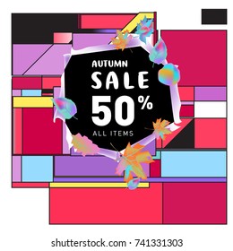 Autumn sale memphis style web banner. Fashion and travel discount poster. Vector holiday Abstract colorful illustration with special offer and promotion.