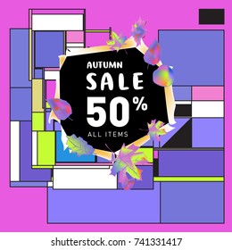 Autumn sale memphis style web banner. Fashion and travel discount poster. Vector holiday Abstract colorful illustration with special offer and promotion.