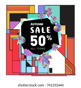 Autumn sale memphis style web banner. Fashion and travel discount poster. Vector holiday Abstract colorful illustration with special offer and promotion.