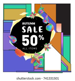 Autumn sale memphis style web banner. Fashion and travel discount poster. Vector holiday Abstract colorful illustration with special offer and promotion.