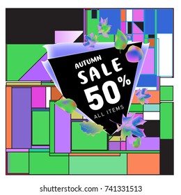 Autumn sale memphis style web banner. Fashion and travel discount poster. Vector holiday Abstract colorful illustration with special offer and promotion.