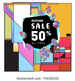 Autumn sale memphis style web banner. Fashion and travel discount poster. Vector holiday Abstract colorful illustration with special offer and promotion.