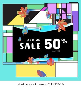 Autumn sale memphis style web banner. Fashion and travel discount poster. Vector holiday Abstract colorful illustration with special offer and promotion.