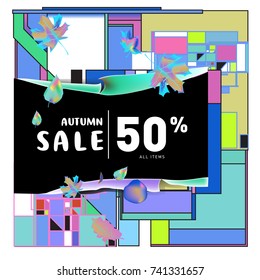 Autumn sale memphis style web banner. Fashion and travel discount poster. Vector holiday Abstract colorful illustration with special offer and promotion.