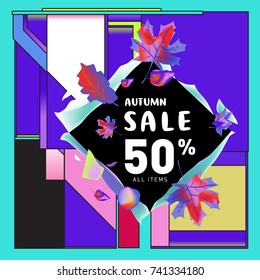 Autumn sale memphis style web banner. Fashion and travel discount poster. Vector holiday Abstract colorful illustration with special offer and promotion.