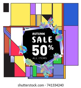 Autumn sale memphis style web banner. Fashion and travel discount poster. Vector holiday Abstract colorful illustration with special offer and promotion.