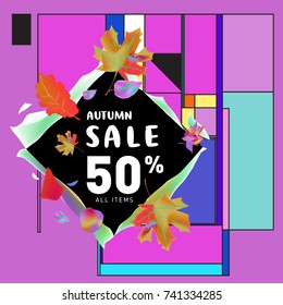 Autumn sale memphis style web banner. Fashion and travel discount poster. Vector holiday Abstract colorful illustration with special offer and promotion.