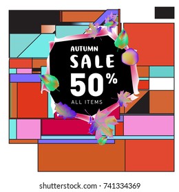 Autumn sale memphis style web banner. Fashion and travel discount poster. Vector holiday Abstract colorful illustration with special offer and promotion.