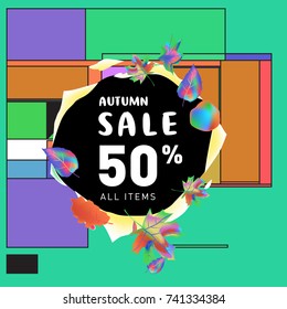 Autumn sale memphis style web banner. Fashion and travel discount poster. Vector holiday Abstract colorful illustration with special offer and promotion.