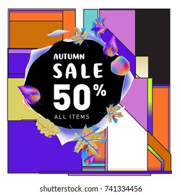 Autumn sale memphis style web banner. Fashion and travel discount poster. Vector holiday Abstract colorful illustration with special offer and promotion.