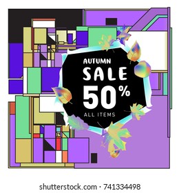 Autumn sale memphis style web banner. Fashion and travel discount poster. Vector holiday Abstract colorful illustration with special offer and promotion.