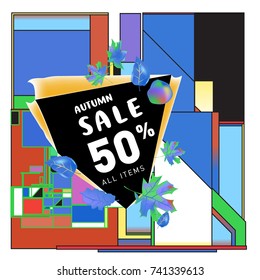 Autumn sale memphis style web banner. Fashion and travel discount poster. Vector holiday Abstract colorful illustration with special offer and promotion.