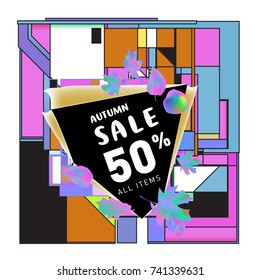 Autumn sale memphis style web banner. Fashion and travel discount poster. Vector holiday Abstract colorful illustration with special offer and promotion.