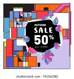 Autumn sale memphis style web banner. Fashion and travel discount poster. Vector holiday Abstract colorful illustration with special offer and promotion.