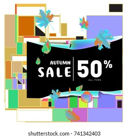 Autumn sale memphis style web banner. Fashion and travel discount poster. Vector holiday Abstract colorful illustration with special offer and promotion.
