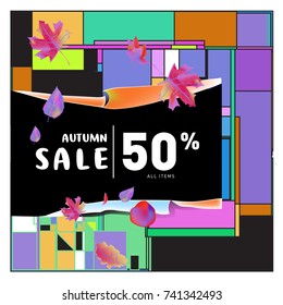 Autumn sale memphis style web banner. Fashion and travel discount poster. Vector holiday Abstract colorful illustration with special offer and promotion.