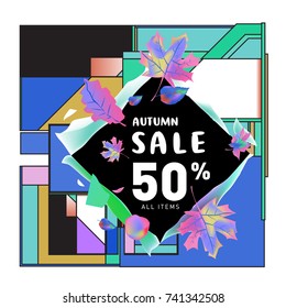 Autumn sale memphis style web banner. Fashion and travel discount poster. Vector holiday Abstract colorful illustration with special offer and promotion.
