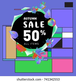 Autumn sale memphis style web banner. Fashion and travel discount poster. Vector holiday Abstract colorful illustration with special offer and promotion.