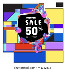 Autumn sale memphis style web banner. Fashion and travel discount poster. Vector holiday Abstract colorful illustration with special offer and promotion.