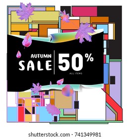 Autumn sale memphis style web banner. Fashion and travel discount poster. Vector holiday Abstract colorful illustration with special offer and promotion.