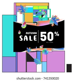 Autumn sale memphis style web banner. Fashion and travel discount poster. Vector holiday Abstract colorful illustration with special offer and promotion.