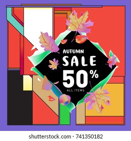 Autumn sale memphis style web banner. Fashion and travel discount poster. Vector holiday Abstract colorful illustration with special offer and promotion.