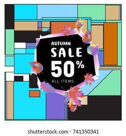 Autumn sale memphis style web banner. Fashion and travel discount poster. Vector holiday Abstract colorful illustration with special offer and promotion.