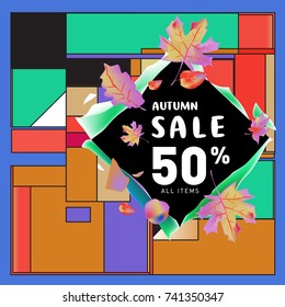 Autumn sale memphis style web banner. Fashion and travel discount poster. Vector holiday Abstract colorful illustration with special offer and promotion.