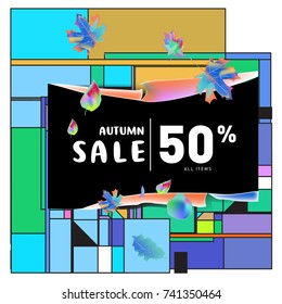 Autumn sale memphis style web banner. Fashion and travel discount poster. Vector holiday Abstract colorful illustration with special offer and promotion.