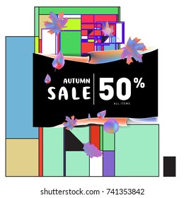 Autumn sale memphis style web banner. Fashion and travel discount poster. Vector holiday Abstract colorful illustration with special offer and promotion.