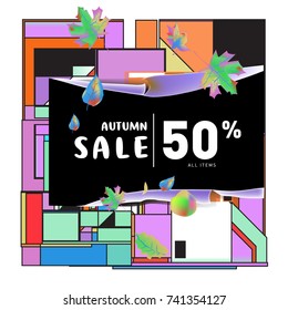 Autumn sale memphis style web banner. Fashion and travel discount poster. Vector holiday Abstract colorful illustration with special offer and promotion.