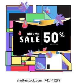 Autumn sale memphis style web banner. Fashion and travel discount poster. Vector holiday Abstract colorful illustration with special offer and promotion.