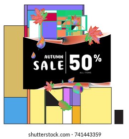 Autumn sale memphis style web banner. Fashion and travel discount poster. Vector holiday Abstract colorful illustration with special offer and promotion.