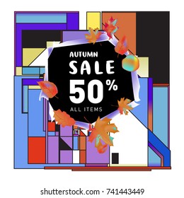 Autumn sale memphis style web banner. Fashion and travel discount poster. Vector holiday Abstract colorful illustration with special offer and promotion.
