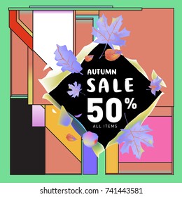 Autumn sale memphis style web banner. Fashion and travel discount poster. Vector holiday Abstract colorful illustration with special offer and promotion.