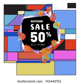 Autumn sale memphis style web banner. Fashion and travel discount poster. Vector holiday Abstract colorful illustration with special offer and promotion.