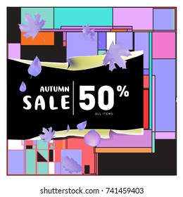 Autumn sale memphis style web banner. Fashion and travel discount poster. Vector holiday Abstract colorful illustration with special offer and promotion.