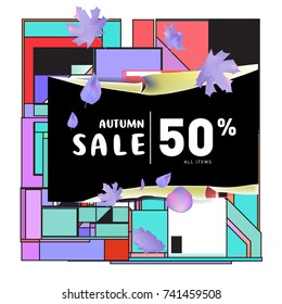 Autumn sale memphis style web banner. Fashion and travel discount poster. Vector holiday Abstract colorful illustration with special offer and promotion.