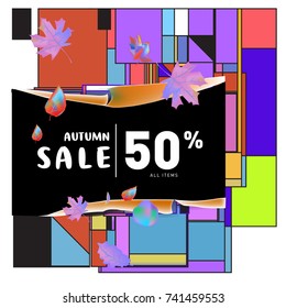 Autumn sale memphis style web banner. Fashion and travel discount poster. Vector holiday Abstract colorful illustration with special offer and promotion.
