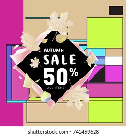 Autumn sale memphis style web banner. Fashion and travel discount poster. Vector holiday Abstract colorful illustration with special offer and promotion.