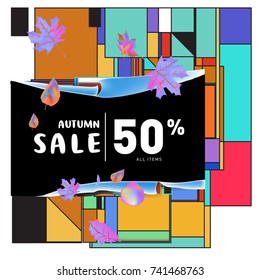 Autumn sale memphis style web banner. Fashion and travel discount poster. Vector holiday Abstract colorful illustration with special offer and promotion.