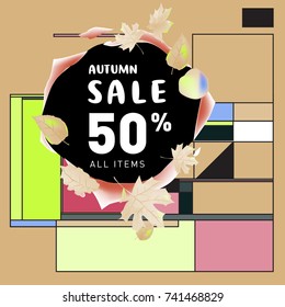 Autumn sale memphis style web banner. Fashion and travel discount poster. Vector holiday Abstract colorful illustration with special offer and promotion.
