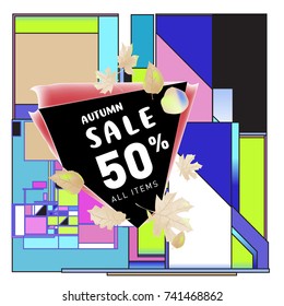 Autumn sale memphis style web banner. Fashion and travel discount poster. Vector holiday Abstract colorful illustration with special offer and promotion.