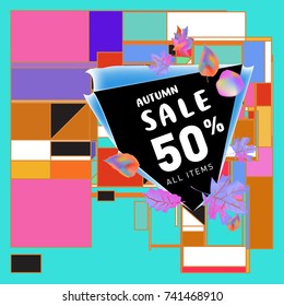 Autumn sale memphis style web banner. Fashion and travel discount poster. Vector holiday Abstract colorful illustration with special offer and promotion.